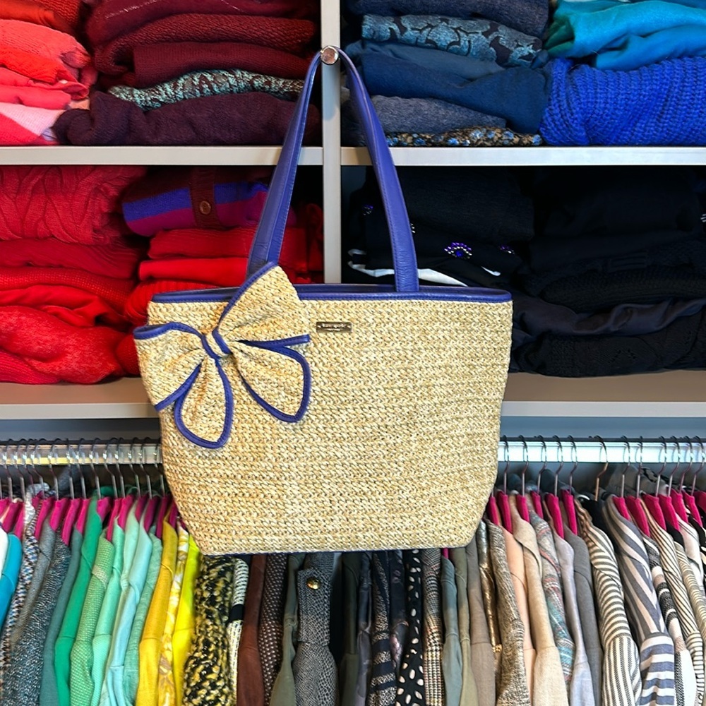 Kate Spade Straw Tote with Blue Trim